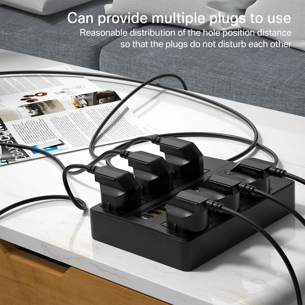 6 Port USB Charger With 6 AC Outlets 3000W Power Strip, PD 20W QC3.0 Quick Charge Type C Charging Station For iPhone 13 12 11 X