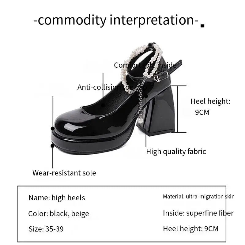 Oulylan New Ladies High Heels Elegant Toe Black High Heels Fashion Thick Heel Wedding Party Pearl Lace Wedding Shoe