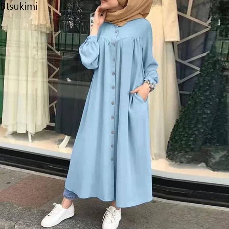 فستان إسلامي كاجوال نسائي مقاس كبير 4XL 5XL بأكمام طويلة وأزرار وجيوب وعباءات للنساء فستان عباية مفتوح