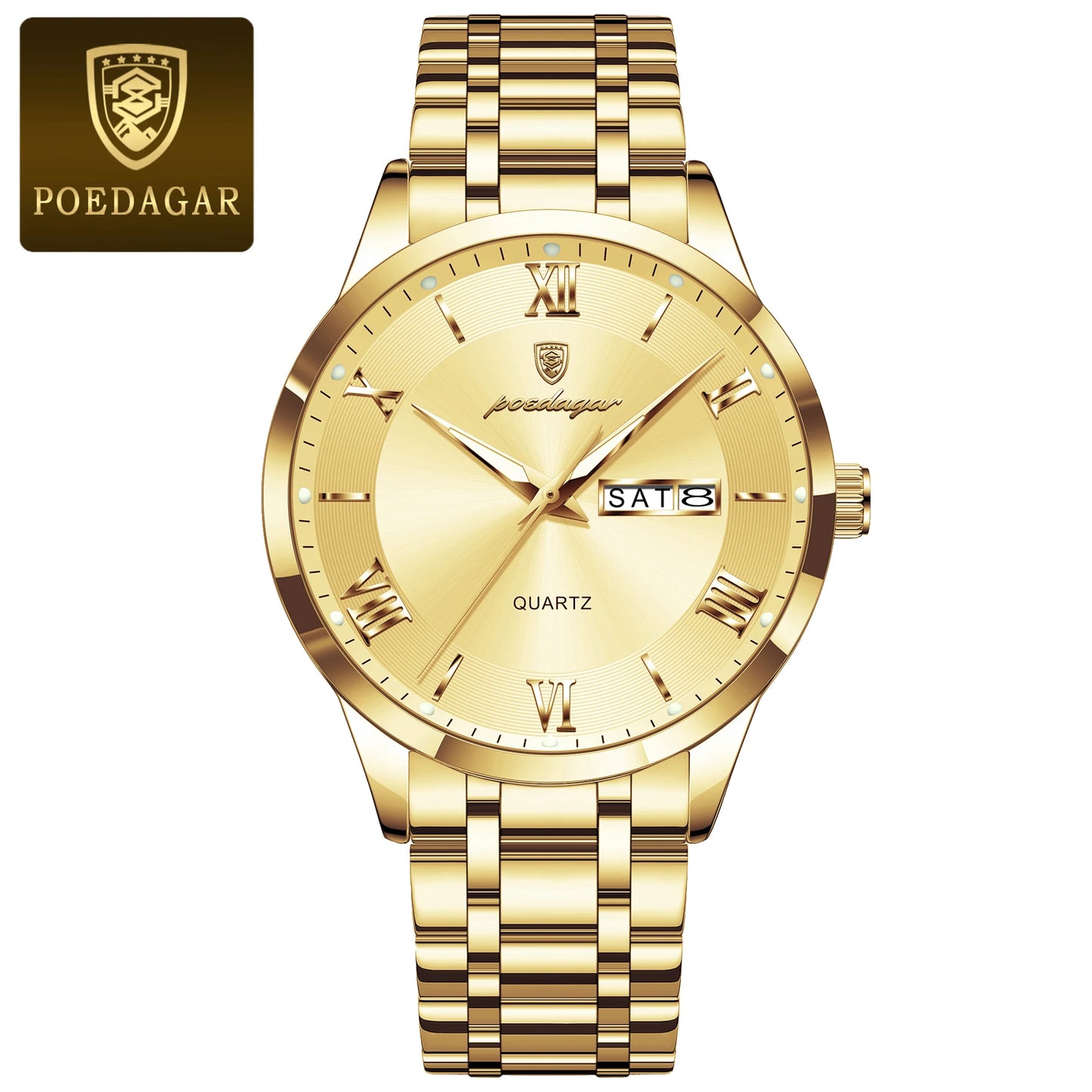 POEDAGAR Luxury Fashion Men Clock Waterproof Luminous Date Week Man Wristwatch Sports Stainless Steel Quartz Men's Watches Reloj