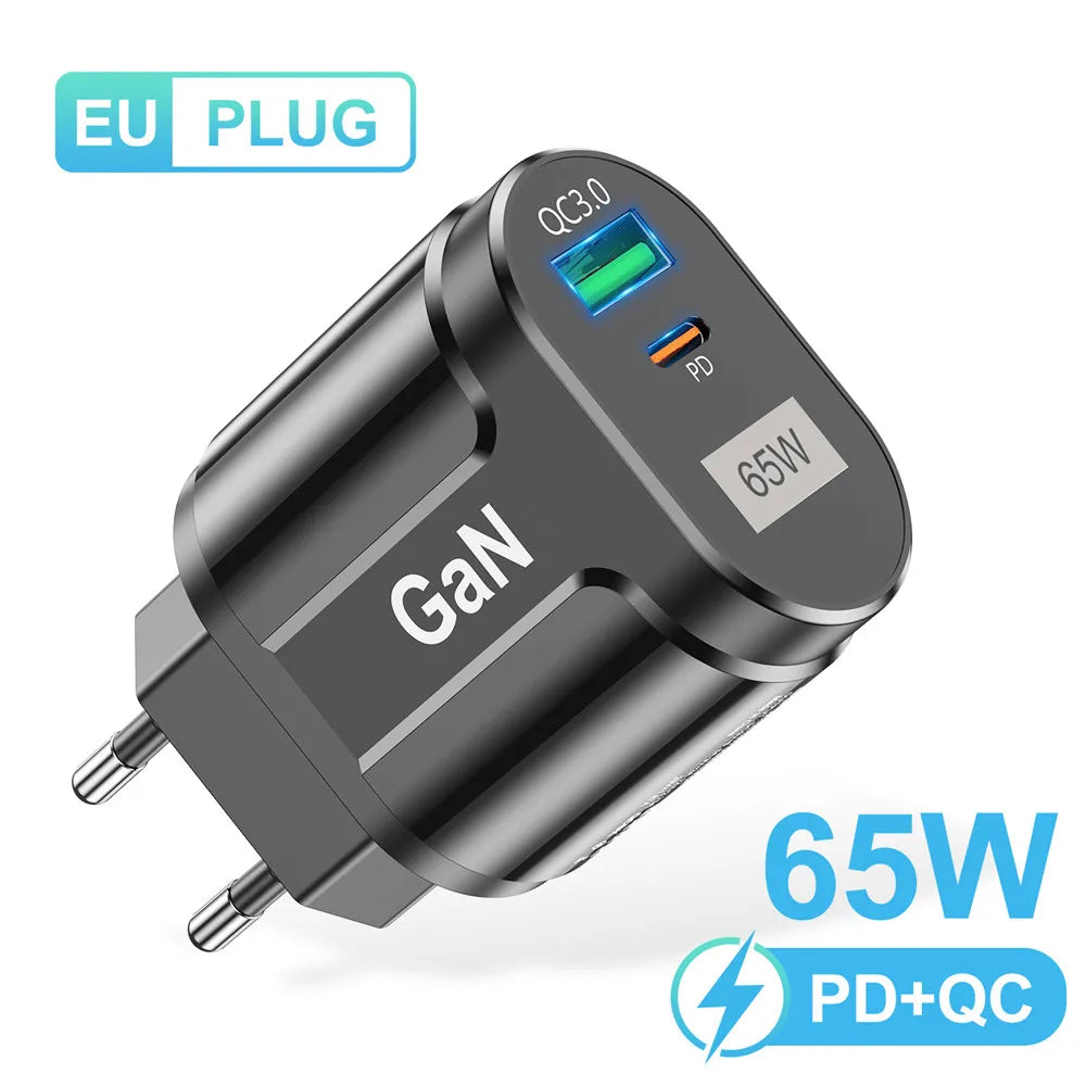 USLION 65W GaN USB Charger AU EU US UK Plug Fast Charging Tablet Laptop USB C Quick Charge QC 3.0 Mobile Phone Charger Travel